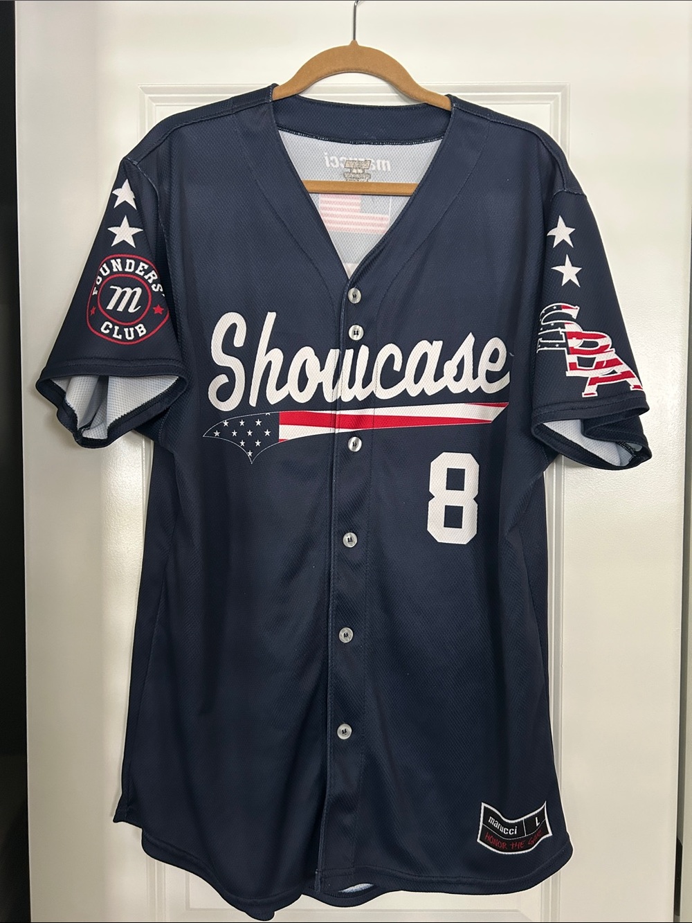 Marucci Showcase Baseball Academy SBA Jersey Size L Navy Blue #8